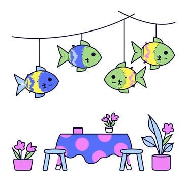 A festive scene with several decorative lanterns shaped like catfish. The lanterns are made of colorful paper with intricate patterns, displaying hues of blue, green, and yellow. Each catfish lantern has a rounded body and a pointed tail, with large whimsical eyes and a smiling mouth. The lanterns are suspended from thin strings above a small table covered with a vibrant tablecloth. Around the table are a few low stools, and some small plants with bright flowers in pots are placed nearby. The overall atmosphere is lively and cheerful.