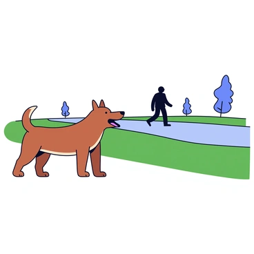 A medium-sized brown dog with a short coat stands alert on the side of a quiet country road. The dog has its ears perked up and its mouth open, barking. A shadowy figure is seen in the distance, becoming more defined as it approaches. The road is flanked by green grass and a few scattered trees. The setting conveys a sense of impending interaction between the dog and the figure.