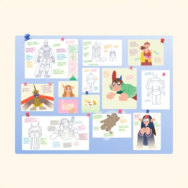 A large wall is filled with various character design sketches and concept art, all pinned up for a class project. The sketches showcase a diverse range of characters, including a tall warrior with intricate armor, a whimsical elf with pointed ears, and a cute animal sidekick with oversized eyes. Different styles of art are displayed, highlighting unique features and concepts. Some papers have colorful annotations and notes scribbled in the margins, indicating ideas and changes. The wall itself is a light beige color, contrasting with the vibrant images pinned to it. A few pushpins in red and blue hold the sketches securely in place, adding a touch of color to the overall display.