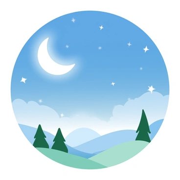 A vast night sky filled with "twinkling stars" scattered across the deep blue background. A "glowing crescent moon" hangs prominently, casting a gentle light. Below the celestial display, the outline of "Neverland" can be seen, featuring lush green trees and whimsical landscapes. The scene evokes a sense of magic and wonder, enhanced by the soft illumination from the moonlight reflecting off the surroundings.