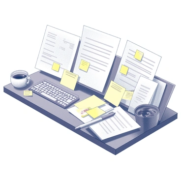 A cluttered office desk filled with scattered papers and documents of various sizes. There are sticky notes in disarray, some partially covering a computer keyboard. A pen lies sideways among the papers. On one side of the desk, there is a cup of cold coffee with remnants of dried liquid around the rim. The desk surface is made of wood and shows signs of wear, adding to the chaotic atmosphere of the workspace.