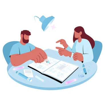 An illustrator is sitting at a table next to a client, both focused on a large notepad spread out before them. The illustrator has a sketching pencil in hand, poised above the notepad, while the client is pointing at a specific area on the pad, discussing ideas. The notepad is filled with rough sketches and notes, showcasing various concepts and designs. The table is cluttered with art supplies such as colored pencils, erasers, and reference images. A lamp above them casts a warm glow, illuminating their collaborative work.