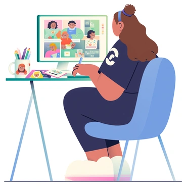 A digital artist with medium skin is sitting at a modern workstation, focusing intently on the screen in front of her. She has long, curly brown hair tied up in a messy bun. The artist is wearing a black graphic t-shirt and comfortable leggings. On the screen, there are various character designs, showcasing vibrant, colorful characters with distinct features. Tools such as a stylus and a graphic tablet are lying on the desk next to her. A large sketchbook filled with character concepts is slightly open beside the keyboard, and there is a mug with a creative design filled with pencils, brushes, and markers. The workspace is well-organized, with art supplies and reference images scattered around, creating a lively atmosphere of creativity and inspiration.