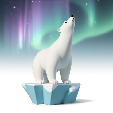 A large polar bear, with thick white fur and a strong build, is standing on a jagged patch of arctic ice. The ice is a mix of bright blues and whites, reflecting the soft light of the environment. Above, the sky is filled with vivid colors from the aurora, displaying swirling greens, purples, and hints of pink illuminating the night sky. The polar bear gazes upward, its dark nose and eyes contrasting with its snowy fur, while the shimmering lights of the aurora create a magical atmosphere around it.