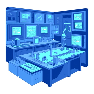 A blue high-tech laboratory filled with intricate redstone contraptions. The walls are lined with various screens displaying complex data and diagrams. In the center, there is a large table covered with tools and components used for building the redstone devices. Several redstone contraptions are actively moving and pulsing with energy, showcasing their functionality. Bright lights illuminate the workspace, reflecting off the polished surfaces of the equipment.