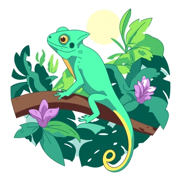 A teal chameleon is perched on a brown rainforest branch, showcasing its vibrant color-changing ability. The chameleon's body transitions between shades of green and yellow, reflecting the lush foliage surrounding it. In the background, various shades of green leaves and colorful tropical flowers enhance the scene. Sunlight filters through the leaves, casting dappled shadows on the chameleon and the branch it sits on. The chameleon's eyes are alert, gazing around its vibrant environment.