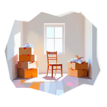 A small, empty room with plain white walls and a wooden floor. In one corner, several cardboard boxes are stacked, some slightly open, revealing crumpled paper and packing materials inside. A single, simple wooden chair stands in the center of the room, its legs slightly worn. The light filters in through a small window, casting soft shadows on the floor. Dust motes dance in the beams of sunlight, adding to the feeling of emptiness in the space.