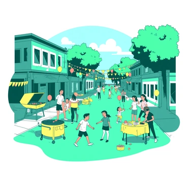 A teal street is filled with people gathered for a block party, enjoying the warm atmosphere. In one corner, a group of adults is barbecuing, with a large yellow grill sizzling with food. Nearby, kids are playing games, running and laughing, while colorful balloons are tied to the nearby fences. Streamers and banners in yellow are draped across the street, adding to the festive ambiance. Tables with yellow tablecloths are set up, laden with various snacks and drinks, creating a lively and cheerful scene.