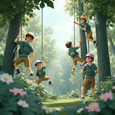 A group of young scouts, dressed in green and brown uniforms with patches, are practicing their maneuvering gear in a lush, verdant forest. They are wearing helmets and harnesses, with the maneuvering gear attached to their backs. Some scouts are climbing trees, while others are swinging from ropes. The sunlight filters through the dense canopy, casting dappled shadows on the forest floor. The scouts display expressions of concentration and excitement as they navigate between the trees. Thick foliage, ferns, and wildflowers surround them, adding to the vibrant atmosphere of their training session.