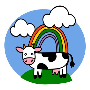 A cow with black and white spots standing on green grass at the base of a vibrant rainbow stretching across a bright blue sky. The cow has big eyes and a content expression, with its ears perked up. The rainbow displays a gradient of colors from red to violet, and fluffy white clouds are scattered in the sky behind it. The scene captures a whimsical and cheerful atmosphere.