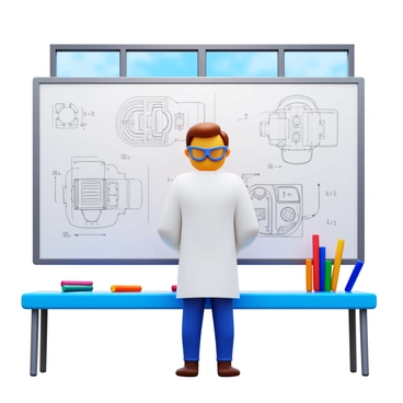 An engineer standing in front of a whiteboard filled with sketches and diagrams of various engine designs. The engineer is wearing safety glasses and a lab coat. There are colorful markers scattered on the table next to them. The whiteboard features detailed drawings of engine components, arrows indicating airflow, and mathematical calculations. A window in the background shows a glimpse of a workshop with tools and machinery.