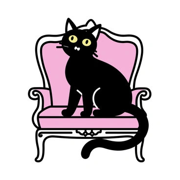 A black cat with shiny fur is sitting gracefully on a Victorian-style parlor chair. The chair features intricate wood carvings and plush upholstery, showcasing a deep red color. The cat has bright green eyes, and its tail is elegantly curled around the armrest. Soft light highlights the contours of the cat's body and the chair's details, creating an inviting atmosphere in the scene.