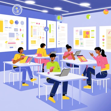 A classroom filled with futuristic gadgets and holograms