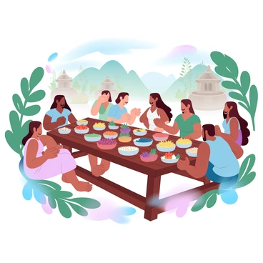 A group of villagers is gathered around a large wooden table adorned with a colorful spread of traditional dishes. Various bowls filled with fruits, grains, and regional delicacies are placed on the table. The villagers, wearing traditional attire, are engaged in lively conversation and sharing food. Colorful decorations, such as woven baskets and fabric, adorn the table and surrounding area, creating a festive atmosphere. In the background, lush greenery and rustic structures are visible, enhancing the communal feel of the scene.