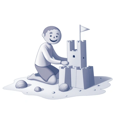 A flat-faced character is kneeling on the sandy beach, focused on building a sandcastle. The character has a simplistic, cartoonish appearance, with exaggerated features and a cheerful expression. The sandcastle, in various stages of construction, is adorned with small towers and a flag at the top. Surrounding the character are gentle waves lapping at the shore, creating a sense of movement. Scattered around are several seashells of varying shapes and sizes, adding detail to the sandy landscape.