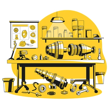 A workbench cluttered with various transmission parts including gears, shafts, and bearings. Nearby, there are detailed diagrams showing the assembly of a transmission system. Tools such as wrenches and pliers are scattered around the workbench. A bright overhead light illuminates the scene, creating clear visibility of the intricate details in the parts and diagrams. In the background, shelves are lined with additional mechanical components and storage containers.