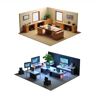 A traditional office with wooden furniture, beige walls, and a large wooden desk filled with papers and a desktop computer. The scene transitions into a high-tech digital workspace, featuring sleek, modern furniture with a glass desk and vibrant LED lighting. New technologies are visible, such as holographic displays projecting information and a virtual assistant interface. There are multiple screens displaying colorful graphs and data, and futuristic office equipment is arranged neatly around the room. The overall layout combines elements of both work environments, showing a clear evolution from classic to modern design.