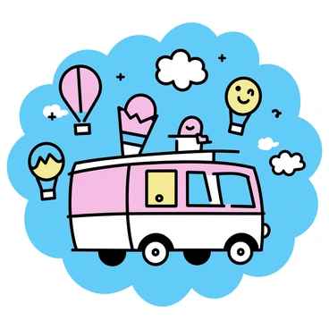 An ice cream van, painted in pastel colors, is floating in a bright blue sky. It has large windows displaying various flavors of ice cream. Surrounding the van are several hot air balloons, each with unique patterns and vibrant colors. The sky is dotted with fluffy, white clouds, creating a cheerful atmosphere.