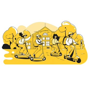 A group of students riding scooter bikes on their way to school