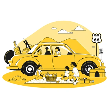 A family car with a yellow exterior is parked beside Route 66 on a sunny day. The car is filled with luggage and colorful items sticking out from the trunk. In front of the car, a picnic blanket is spread out on the grass, featuring a basket filled with sandwiches, fruits, and drinks. The family consists of parents and two children, all smiling and sitting around the picnic area. Nearby, there are small roadside signs indicating the famous Route 66. In the background, rolling hills and a clear sky complete the scene.