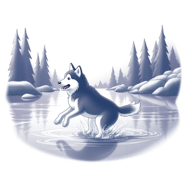 A husky dog is swimming in a lake. The dog's fur is predominantly black and white, glistening in the bright light, with water droplets flying off as it moves. The lake is surrounded by tall trees and rocky formations, providing a natural frame. The water is clear, revealing a sandy bottom and a few pebbles beneath the surface. The husky is playfully splashing water with its paws, creating ripples that spread across the lake. In the background, the sky is visible, adding to the sense of openness and adventure.