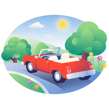 A classic red convertible car is driving along a winding road. The car has white leather seats and chrome accents. The road is flanked by green trees that are swaying gently in the breeze. On one side of the road, there are vibrant wildflowers in various colors, including yellow, purple, and pink. The sun is shining brightly in a clear blue sky, casting shadows on the road as the car moves along. A few fluffy white clouds drift lazily overhead.