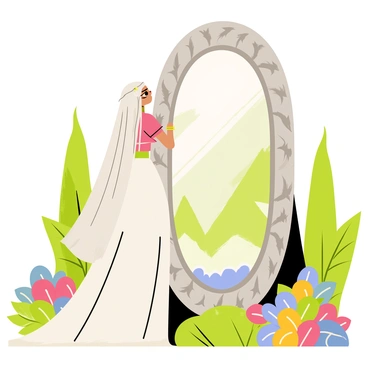 A character resembling "Galadriel" stands gracefully beside a large, ornate mirror known as the "Mirror of Galadriel." The mirror has a rounded shape and is framed with intricate silver designs featuring leaves and vines. "Galadriel" has long, flowing silver hair and is wearing a shimmering, elegant gown that cascades to the floor. Her expression is one of deep contemplation as she gazes into the mirror's surface, which reflects swirling images of landscapes and distant places. The setting around them is lush with greenery, including tall trees and colorful flowers, enhancing the mystical atmosphere of the scene.