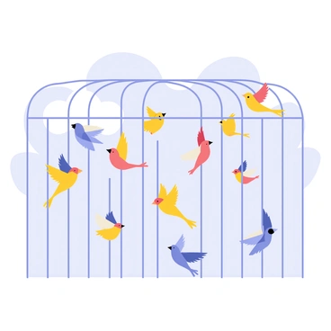 A flock of small, colorful birds in various shades of blue, yellow, and red is flying out from an open, broken metal cage. The cage is depicted with several bars bent outward, symbolizing the act of breaking free. The background features a clear blue sky with soft white clouds, enhancing the sense of freedom. Each bird is captured mid-flight, with their wings outstretched, creating a dynamic movement as they soar into the open air.