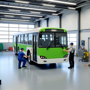 Two mechanics are working on a large green and white bus inside a spacious maintenance garage. One mechanic, wearing a blue jumpsuit and safety goggles, is crouched under the bus, using a wrench to tighten bolts. The other mechanic, dressed in a grey shirt and black work pants, is standing beside the bus, holding a diagnostic tool and examining the dashboard. The garage is well-lit, with overhead fluorescent lights illuminating the space, and there are various tools and equipment scattered around, including a toolbox and hydraulic lift. A large window shows a glimpse of the outside, where it's a clear day.