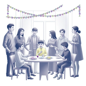 A group of friends and family members gathered together in a spacious room. The setting is decorated with colorful garlands and traditional motifs, creating a festive atmosphere. People are engaged in cheerful conversations, displaying a range of expressions from laughter to joy. In the center, a young boy is dressed in traditional attire, surrounded by family members who are smiling and offering blessings. Tables are adorned with traditional sweets and snacks. The overall scene captures the warmth and happiness of a celebratory occasion.