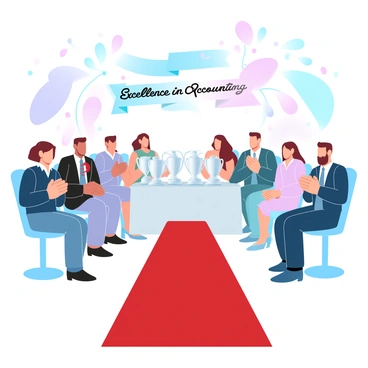 A red carpet is laid out, leading to a glamorous event filled with well-dressed individuals celebrating accountants. Shiny trophies are displayed on a table, reflecting the lights. Groups of people are clapping, showing appreciation for the achievements being recognized. Colorful banners featuring the words "Excellence in Accounting" hang in the background. The atmosphere is vibrant, with balloons and decorative elements enhancing the celebratory mood.
