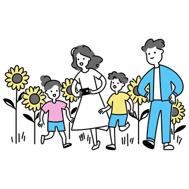 A family walking through a vibrant sunflower field, taking photos and enjoying nature.