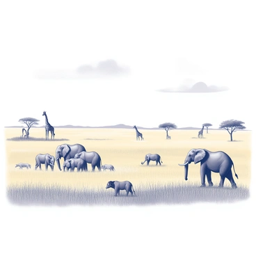 A vast savannah landscape stretches across the image, characterized by tall, golden grass swaying gently in the breeze. In the foreground, a group of elephants can be seen walking together, their large bodies moving gracefully through the open terrain. Nearby, a pride of lions rests under the shade of a sparse acacia tree, their gazes alert and watchful. A trio of giraffes grazes on the treetops in the background, their long necks extending toward the leaves. Above, a clear sky is filled with a few fluffy clouds, completing the serene scene of wildlife roaming freely in their natural habitat.