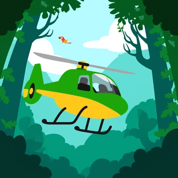 A KMAX helicopter with dual rotors is hovering amidst a dense rainforest canopy. The helicopter is painted in vibrant green and yellow, blending with the lush foliage surrounding it. Tall trees with broad leaves and intricate vines extend above, creating a rich tapestry of greens. Sunlight filters through the canopy, casting dappled shadows on the ground below. The rotor blades are spinning rapidly, sending a few leaves fluttering in the air. In the background, hints of colorful tropical birds can be seen flitting between the branches.