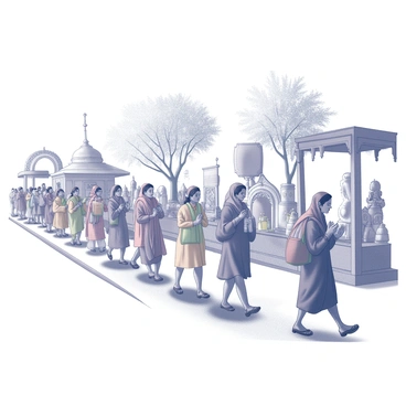 A group of pilgrims walking along the Pandharpur Waari pilgrimage route. The pilgrims are dressed in traditional attire, carrying colorful cloth bags and offerings. They are walking in a line, some with hands raised in prayer and others singing devotional songs. In the background, there are trees lining the route, providing shade. The path is lined with small shrines and elaborate decorations, including banners and flags. The atmosphere is filled with a sense of devotion and community as the pilgrims progress towards their sacred destination.