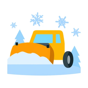 A snow plow truck with a large plow blade in front, surrounded by several snowflakes and winter elements such as pine trees and snow-covered ground.