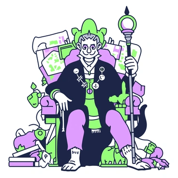 A skaven chief with sharp features and piercing eyes is sitting on a throne made of discarded human items. The throne is intricately constructed from broken furniture, metal scraps, and tattered clothing, showcasing a chaotic assembly. The chief has a dark fur coat, adorned with various trinkets and trophies from his conquests. In his hands, he holds a staff topped with a glowing orb. Around him, scattered maps and scrolls depict plans for his next move, while his rat-like tail hangs down from the throne. The background is filled with shadows, enhancing the secretive atmosphere of his plotting session.