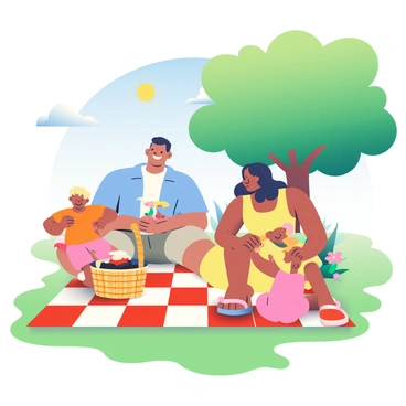 A family of four is sitting on a red and white checkered picnic blanket spread out on lush green grass. The parents, a father with short brown hair and a mother with long black hair, are smiling as they share food from a woven picnic basket. The father is wearing a light blue shirt and khaki shorts, while the mother is dressed in a yellow sundress. Two children, a boy with curly blonde hair in a bright orange t-shirt and a girl with pigtails wearing a pink dress, are playfully reaching for sandwiches and fruit from the blanket. The sun is shining brightly in a clear blue sky, and a few fluffy white clouds float overhead. Nearby, a large oak tree provides some shade, and there are colorful flowers blooming around them.