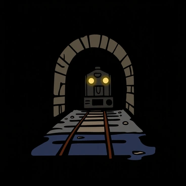A dark underground tunnel with rough, stone walls and dim lighting casting long shadows. The tunnel is lined with rusty metal tracks leading into the darkness. A train is approaching, its headlights cutting through the gloom, illuminating the immediate area with a soft yellow glow. The atmosphere is tense, with faint echoes of the train's rumble reverberating off the tunnel walls. Small puddles of water reflect the light from the train, adding to the mysterious ambiance.