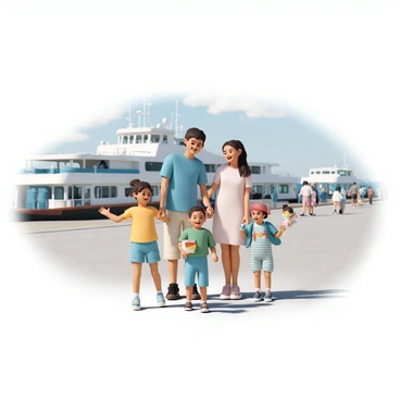 A family is gathered at the ferry terminal, filled with excitement. The parents are standing close together, the father wearing a blue shirt and khaki shorts, while the mother is dressed in a light pink sundress. Three children are with them, all displaying joyful expressions. The eldest child, a girl in a bright yellow t-shirt and denim shorts, is jumping up and down. The middle child, a boy in a green shirt and blue jeans, is holding a colorful toy boat. The youngest child, a toddler in a red cap and striped romper, is being held by the mother. The ferry can be seen in the background, preparing for departure, while other travelers move about in the busy terminal.