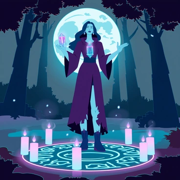 A witch with dark, flowing hair and a long, tattered robe stands in a dense, shadowy forest. She is surrounded by flickering candles casting a soft glow, their flames dancing in the breeze. The ground is marked with intricate ancient symbols drawn in chalk, forming a protective circle around her. Her hands are raised, and she holds a shimmering crystal in front of her, channeling energy. Wisps of mist curl around her feet, adding an ethereal quality to the scene. Moonlight filters through the trees, illuminating her features and enhancing the enchantment of the ritual.