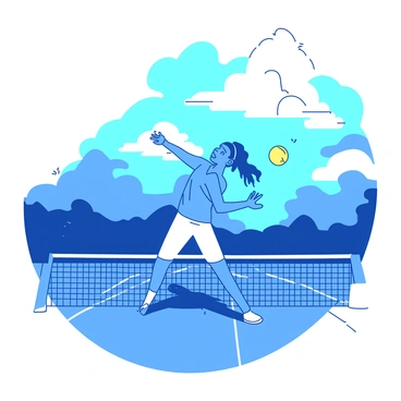 A blue tennis player in a dynamic pose is volleying a yellow tennis ball. The player is wearing a white uniform and a headband. The tennis court is visible with a net in the foreground. Behind the player, there are dramatic clouds swirling in various shades. The overall atmosphere emphasizes the action of the player as they focus on the ball mid-air.