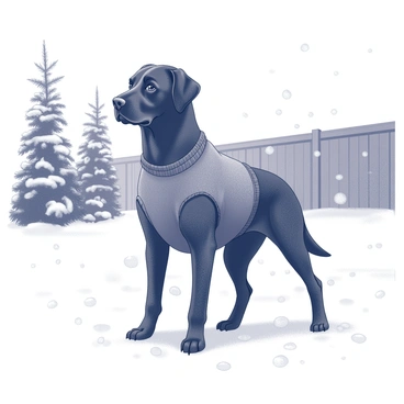 A black Labrador retriever stands in a snowy backyard. The dog is wearing a cozy sweater that fits snugly around its body. Snowflakes gently fall around it, covering the ground in a thick layer of white snow. The background features a fence partially hidden by the snow, and a few tall pine trees are visible, their branches heavy with snow. The dog has an alert expression, with its ears perked up as it looks around the serene winter landscape.
