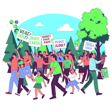 A vibrant scene depicting a parade of diverse individuals marching together on a sunny day. Each person is holding a different sign that reads "Celebrate Earth" and "Protect Our Planet," among other messages. The participants are dressed in colorful clothing, with some wearing green hats and scarves. In the background, there are trees with fresh green leaves and a bright blue sky. Some children are joyfully dancing and waving small flags while others are playing musical instruments, adding to the energy of the event. Several people in the crowd are holding earth-themed balloons that float above them.