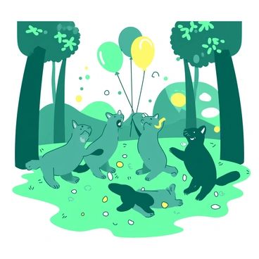 A teal group of loutres is joyfully celebrating in a green forest clearing. The loutres are playfully interacting with each other, some are holding bright yellow balloons in their paws while others are tossing colorful confetti into the air. Around them, tall trees frame the clearing, and patches of sunlight filter through the leaves, creating lively spots on the soft ground. The atmosphere is festive, with more confetti scattered across the grass and a few balloons floating gently above the loutres.