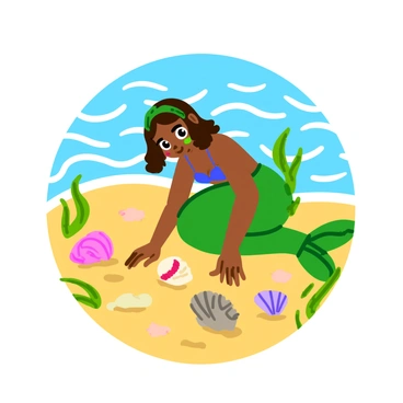A girl with "shimmering mermaid face paint" splashes playfully by the "seaside." She has bright blue and green colors on her cheeks, resembling ocean waves. Surrounding her are various "colorful shells" scattered on the warm sand. Long strands of "green seaweed" drift around her legs as she bends down to examine a "shiny conch shell." The sunlight sparkles on the water in the background, highlighting the sandy beach and creating a vibrant atmosphere.