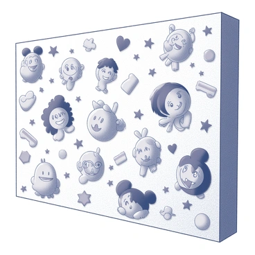 A large canvas covered in various whimsical doodles and characters. The characters are playful and cartoonish, featuring exaggerated facial expressions and dynamic poses. The doodles include stars, hearts, and abstract shapes intertwined with the characters. Each character has distinct features, such as oversized eyes and quirky hairstyles, contributing to a lively atmosphere. The overall composition is filled with an energetic arrangement, creating a sense of movement and fun throughout the canvas.