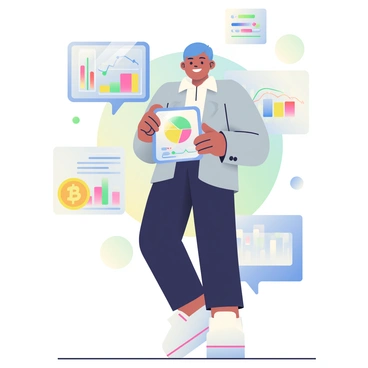 A personalized digital avatar with short blue hair is standing confidently in a sleek, modern office space. The avatar is wearing a fitted, silver jacket and black pants, exuding a professional appearance. In their right hand, they are holding a transparent tablet displaying various financial graphs and data in vibrant colors. To the left, a floating holographic interface showcases futuristic financial tools, including a digital currency symbol and an analytics dashboard. The background features abstract geometric shapes in soft gradients, enhancing the futuristic atmosphere.