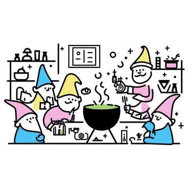 A group of gnomes, each with vibrant, pointy hats and beards, busily working in a cluttered workshop filled with various gadgets. One gnome is holding a small, intricate clockwork device, while another is measuring ingredients for a potion. A large cauldron in the center of the room is bubbling with a bright green liquid, emitting wisps of steam. Shelves around the workshop are lined with tools, blueprints, and completed inventions, creating an atmosphere of creativity and industriousness.