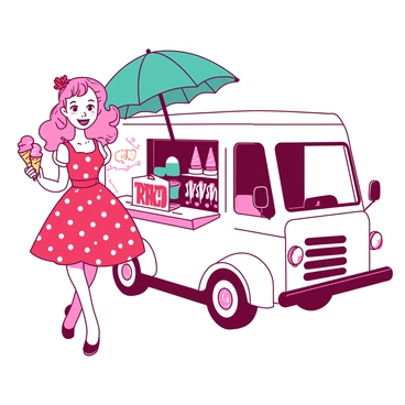 A pink pin-up girl with a bright red polka dot dress stands beside a white vintage ice cream truck. She has a playful smile and her hair is styled in soft curls. In her right hand, she holds a neatly stacked trio of colorful ice cream cones. The ice cream truck features colorful graphics and a classic window where delicious ice cream flavors are displayed. A teal umbrella is positioned to provide shade over the serving area, enhancing the cheerful atmosphere of the scene.